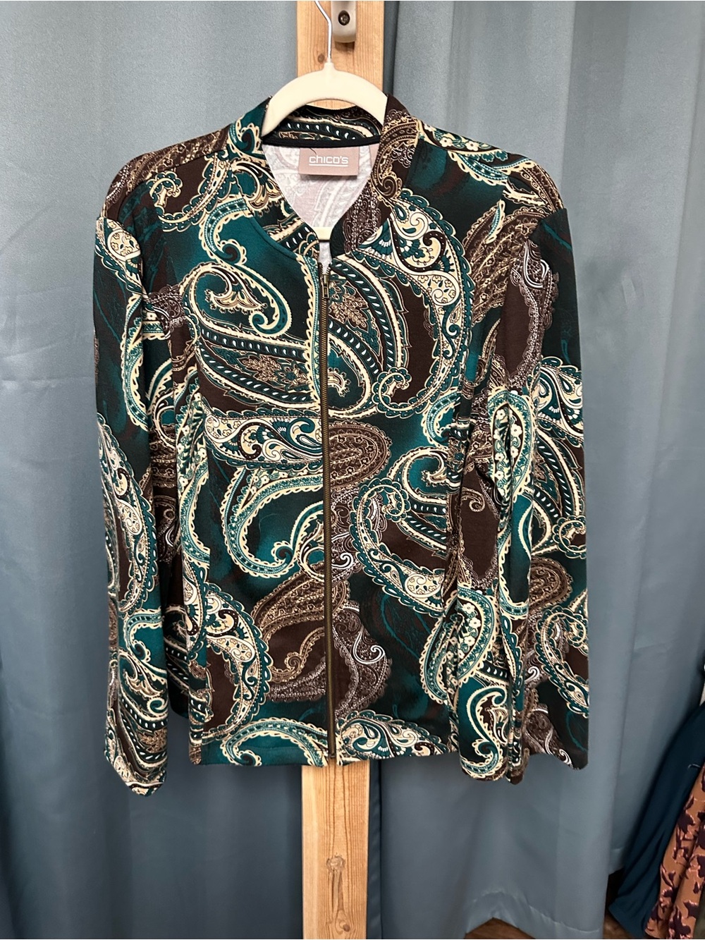 Chico's Teal, Brown & Cream Paisley Zip Jacket